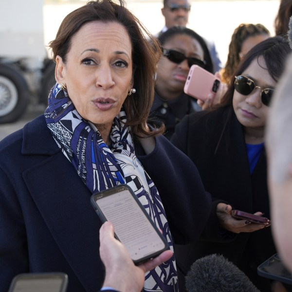 Democratic presidential nominee Vice President Kamala Harris speaks to the media before boarding Air Force Two on departure from Detroit, at Detroit Metropolitan Wayne County Airport, Wednesday, Oct. 16, 2024. (AP Photo/Jacquelyn Martin)