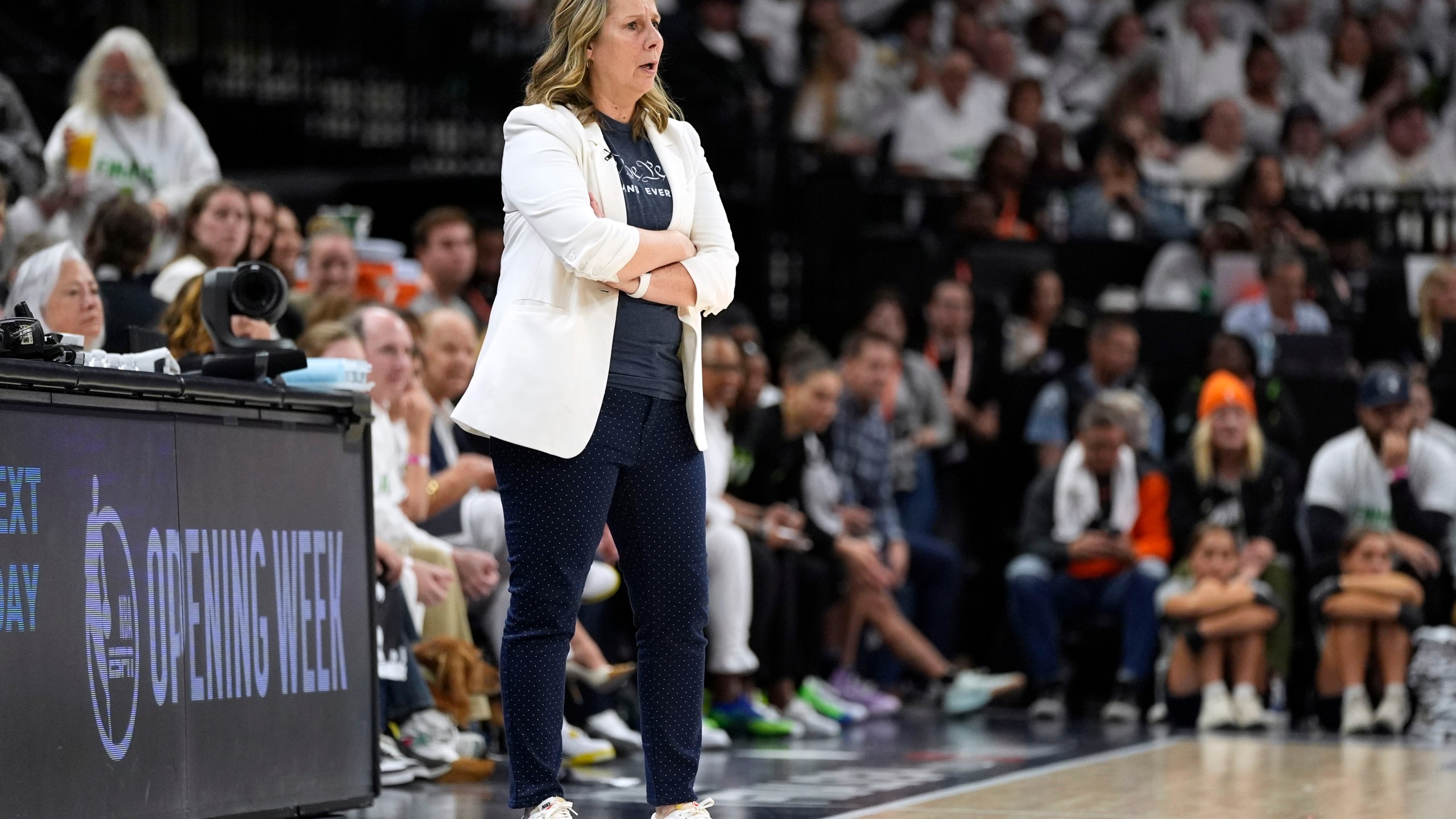 Minnesota Lynx head coach Cheryl Reeve watches from the bench during the second half against the New York Liberty in Game 3 of a WNBA basketball final playoff series, Wednesday, Oct. 16, 2024, in Minneapolis. (AP Photo/Abbie Parr)