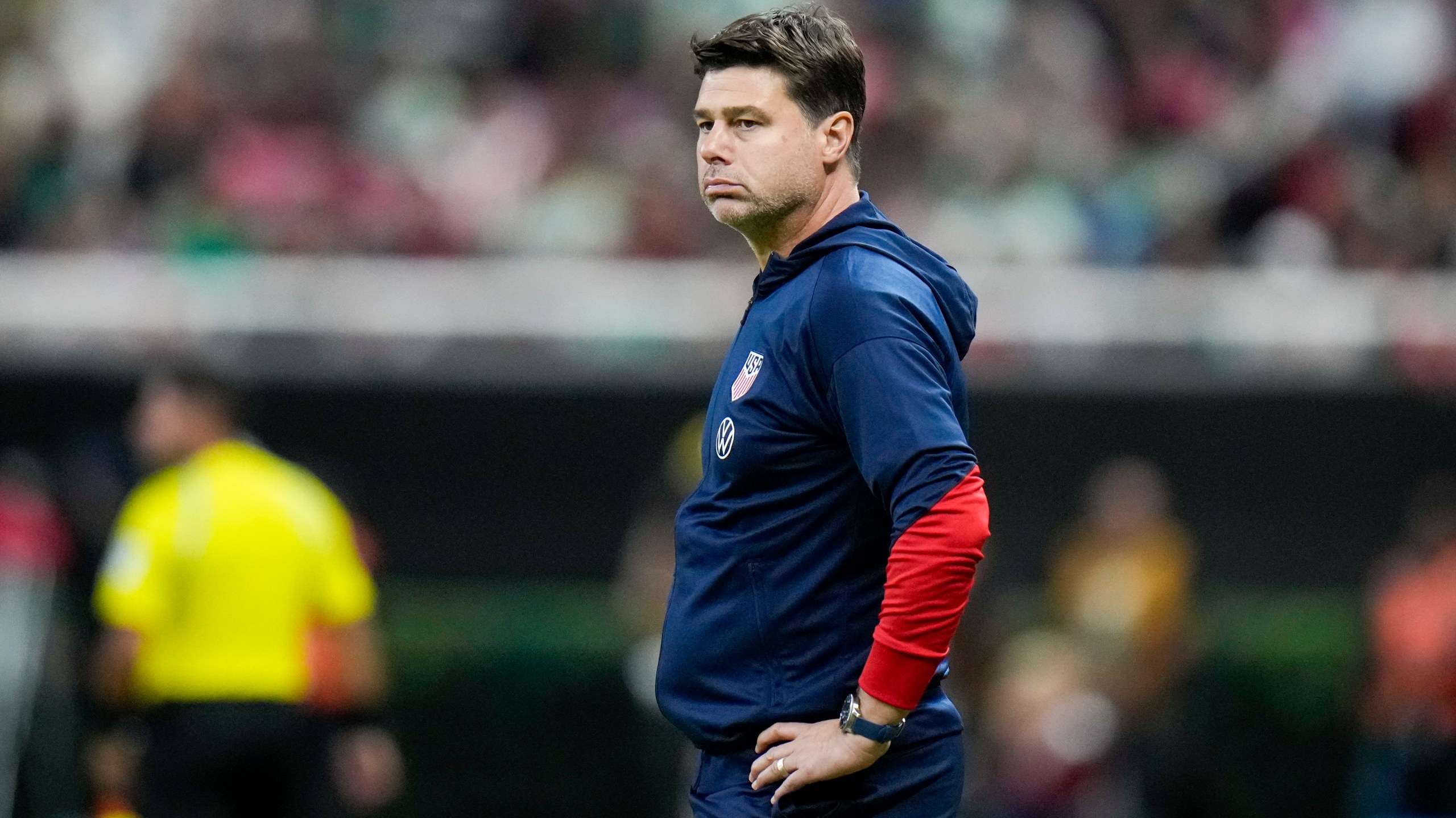 The United States' coach Mauricio Pochettino stands in the sideline during an international friendly soccer match against Mexico at Akron Stadium in Guadalajara, Mexico, Tuesday, Oct. 15, 2024. (AP Photo/Eduardo Verdugo)