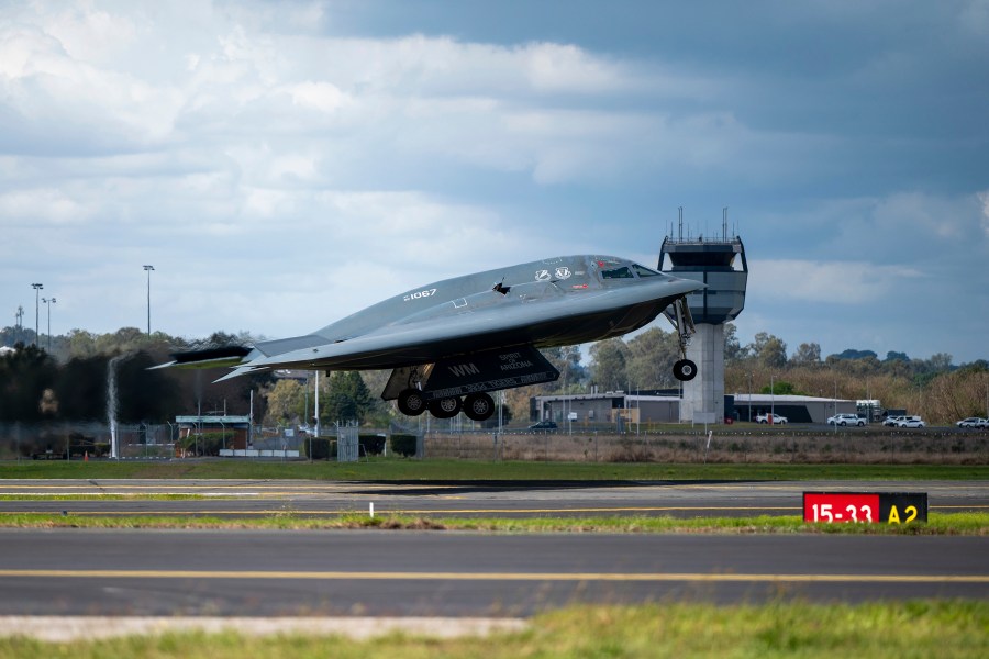 In this photo released by U.S. Air National Guard, a U.S. Air Force B-2 Spirit stealth bomber takes off from a Royal Australian Air Force base in Amberley, Australia, Sept. 11, 2024. U.S. long-range B-2 stealth bombers launched airstrikes early Thursday, Oct. 17, 2024, targeting underground bunkers used by Yemen's Houthi rebels, officials said. (Staff Sgt. Whitney Erhart/U.S. Air National Guard via AP)