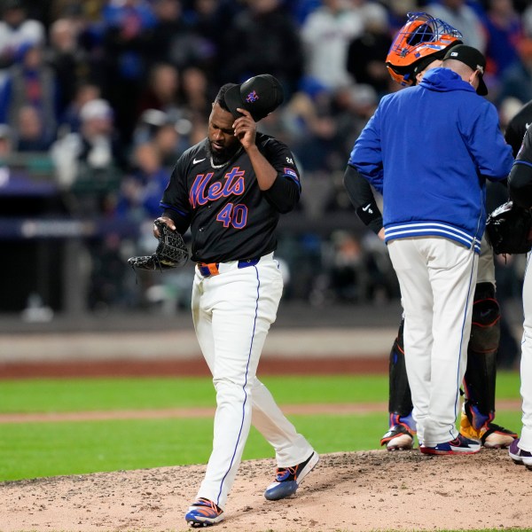 New York Mets' Luis Severino is taken out of the game against the Los Angeles Dodgers during the fifth inning in Game 3 of a baseball NL Championship Series, Wednesday, Oct. 16, 2024, in New York. (AP Photo/Ashley Landis)