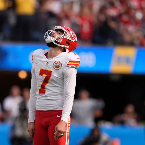 Kansas City Chiefs kicker Harrison Butker reacts after missing a 65-yard field goal attempt during the first half of an NFL football game against the Los Angeles Chargers Sunday, Sept. 29, 2024, in Inglewood, Calif. (AP Photo/Marcio Jose Sanchez)