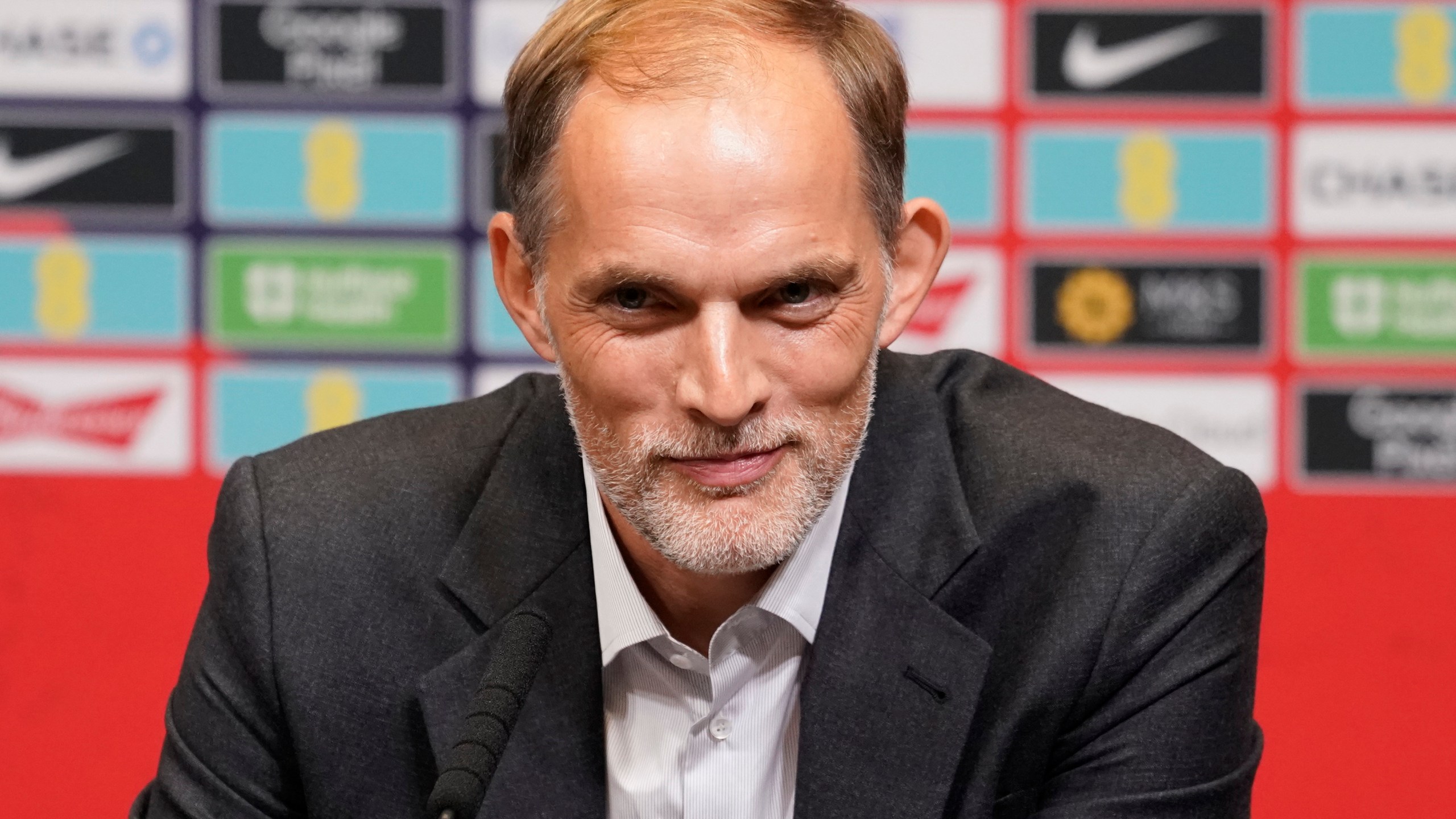 The newly appointed England men's soccer team manager Thomas Tuchel speaks during a press conference held at Wembley Stadium in London, Wednesday, Oct. 16, 2024. (AP Photo/Alberto Pezzali)