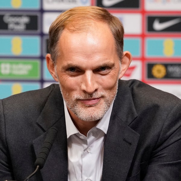 The newly appointed England men's soccer team manager Thomas Tuchel speaks during a press conference held at Wembley Stadium in London, Wednesday, Oct. 16, 2024. (AP Photo/Alberto Pezzali)