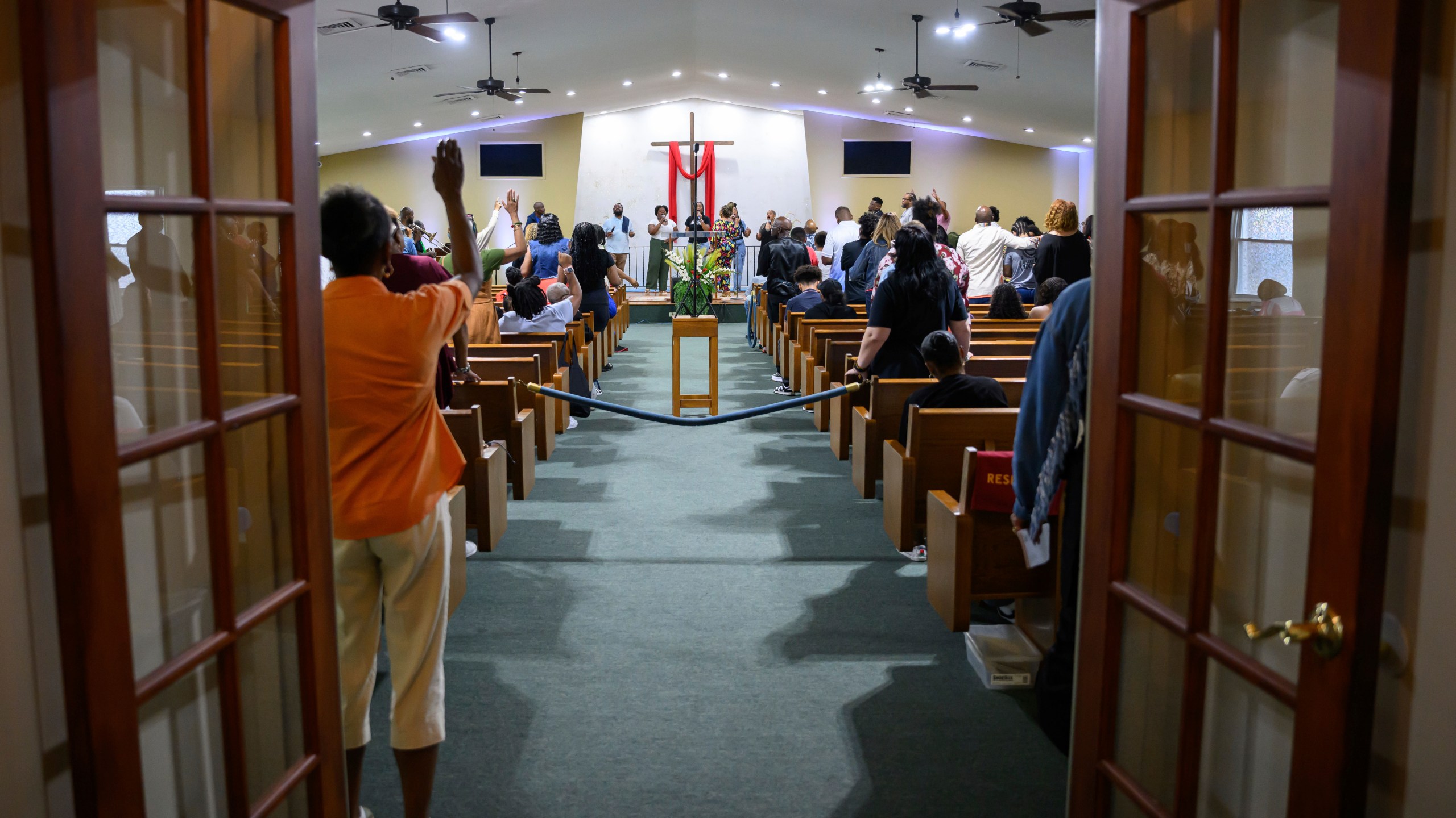 Mt. Olive Baptist Church holds a service, Sunday, Aug. 18, 2024, in Turner Station, Md. Turner Station is located near the former site of the Francis Scott Key Bridge, which collapsed in March. (AP Photo/Steve Ruark)