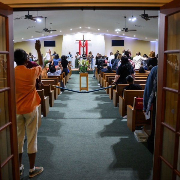 Mt. Olive Baptist Church holds a service, Sunday, Aug. 18, 2024, in Turner Station, Md. Turner Station is located near the former site of the Francis Scott Key Bridge, which collapsed in March. (AP Photo/Steve Ruark)