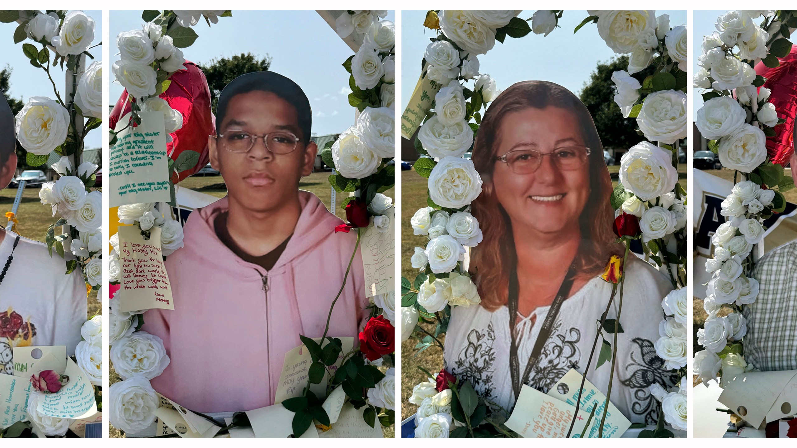 FILE - This combination of images show shooting victims, from left, Christian Angulo, Mason Schermerhorn, Cristina Irimie and Richard Aspinwall, displayed at a memorial outside Apalachee High School, Sept. 10, 2024, in Winder, Ga. (AP Photo/Charlotte Kramon, File)