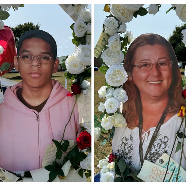 FILE - This combination of images show shooting victims, from left, Christian Angulo, Mason Schermerhorn, Cristina Irimie and Richard Aspinwall, displayed at a memorial outside Apalachee High School, Sept. 10, 2024, in Winder, Ga. (AP Photo/Charlotte Kramon, File)