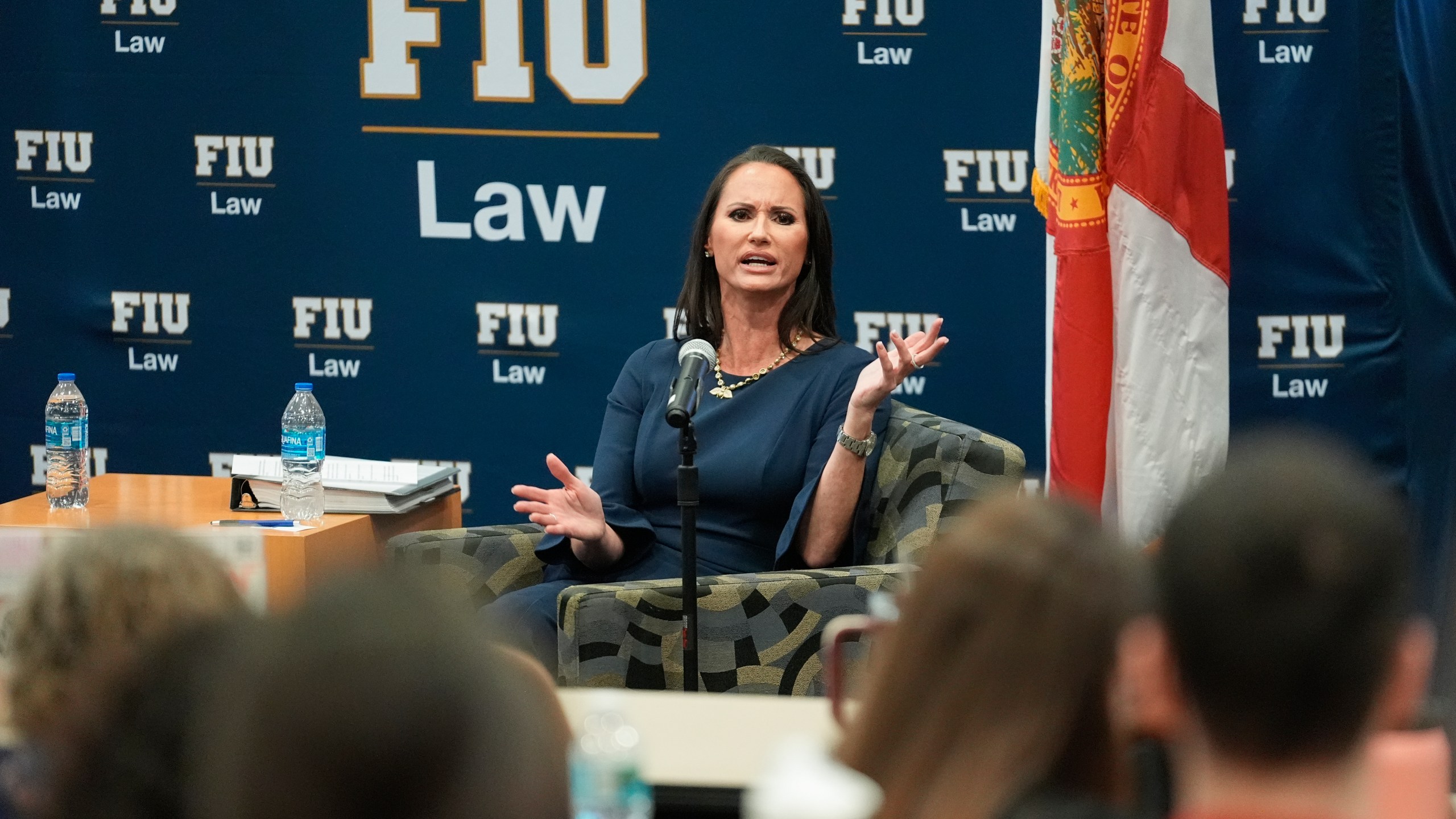 Former circuit judge Elizabeth Scherer speaks, Thursday, Oct. 17, 2024, in Miami, to Florida International University law students about overseeing the trial of the shooter who murdered 17 at Parkland, Fla.'s, Marjory Stoneman Douglas High School in 2018. (AP Photo/Rebecca Blackwell)