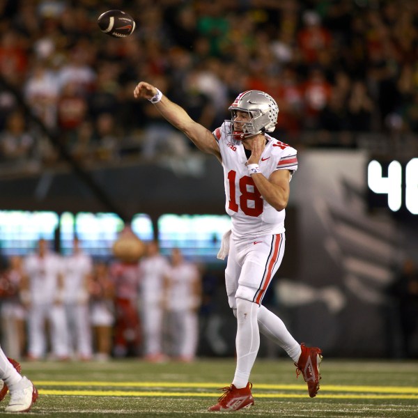 Ohio State quarterback Will Howard (18) passes the ball during an NCAA college football game against Oregon, Saturday, Oct. 12, 2024, in Eugene, Ore. (AP Photo/Lydia Ely)