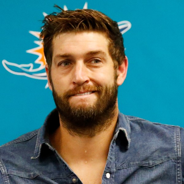 FILE - Miami Dolphins quarterback Jay Cutler smiles during a post game news conference following an NFL football game against the New England Patriots, Tuesday, Dec. 12, 2017, in Miami Gardens, Fla. (AP Photo/Wilfredo Lee, File)