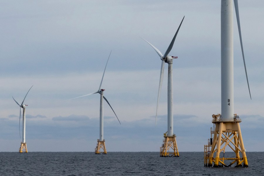 FILE - Turbines operate at the Block Island Wind Farm, Dec. 7, 2023, off the coast of Block Island, R.I. (AP Photo/Julia Nikhinson, File)