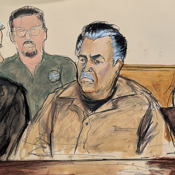 FILE - In this courtroom sketch, Ismael “El Mayo” Zambada, center, is seated beside his defense attorney Frank Perez, left, in federal court in the Brooklyn borough of New York, Sept. 13, 2024. (Elizabeth Williams via AP, File)