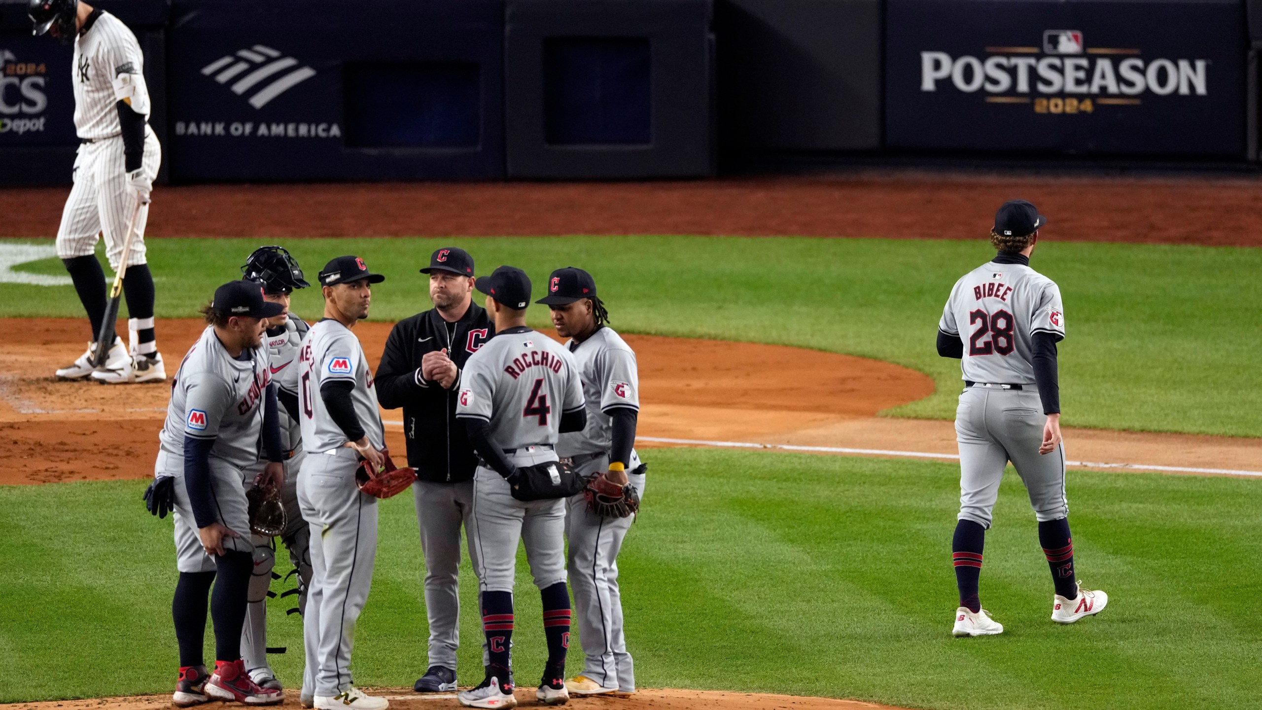 Cleveland Guardians starting pitcher Tanner Bibee (28) walks toward the dugout after being pulled during the second inning in Game 2 of the baseball AL Championship Series against the New York Yankees Tuesday, Oct. 15, 2024, in New York. (AP Photo/Seth Wenig)