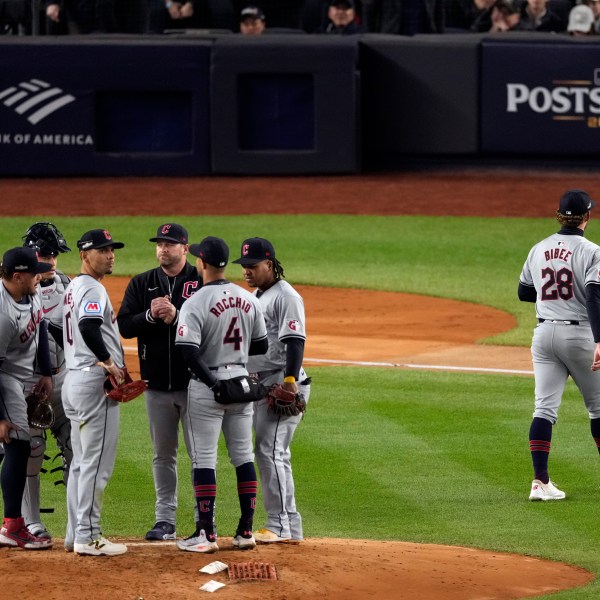 Cleveland Guardians starting pitcher Tanner Bibee (28) walks toward the dugout after being pulled during the second inning in Game 2 of the baseball AL Championship Series against the New York Yankees Tuesday, Oct. 15, 2024, in New York. (AP Photo/Seth Wenig)