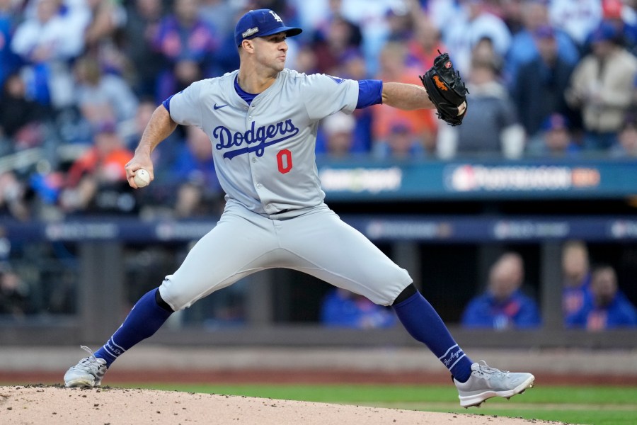 Los Angeles Dodgers pitcher Jack Flaherty throws against the New York Mets during the first inning in Game 5 of a baseball NL Championship Series, Friday, Oct. 18, 2024, in New York. (AP Photo/Ashley Landis)