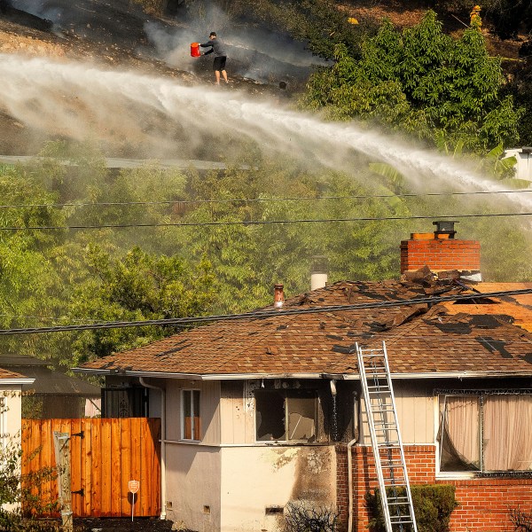 A person dumps water on a grass fire burning above Interstate 580 in Oakland, Calif., Friday, Oct. 18, 2024. (AP Photo/Noah Berger)