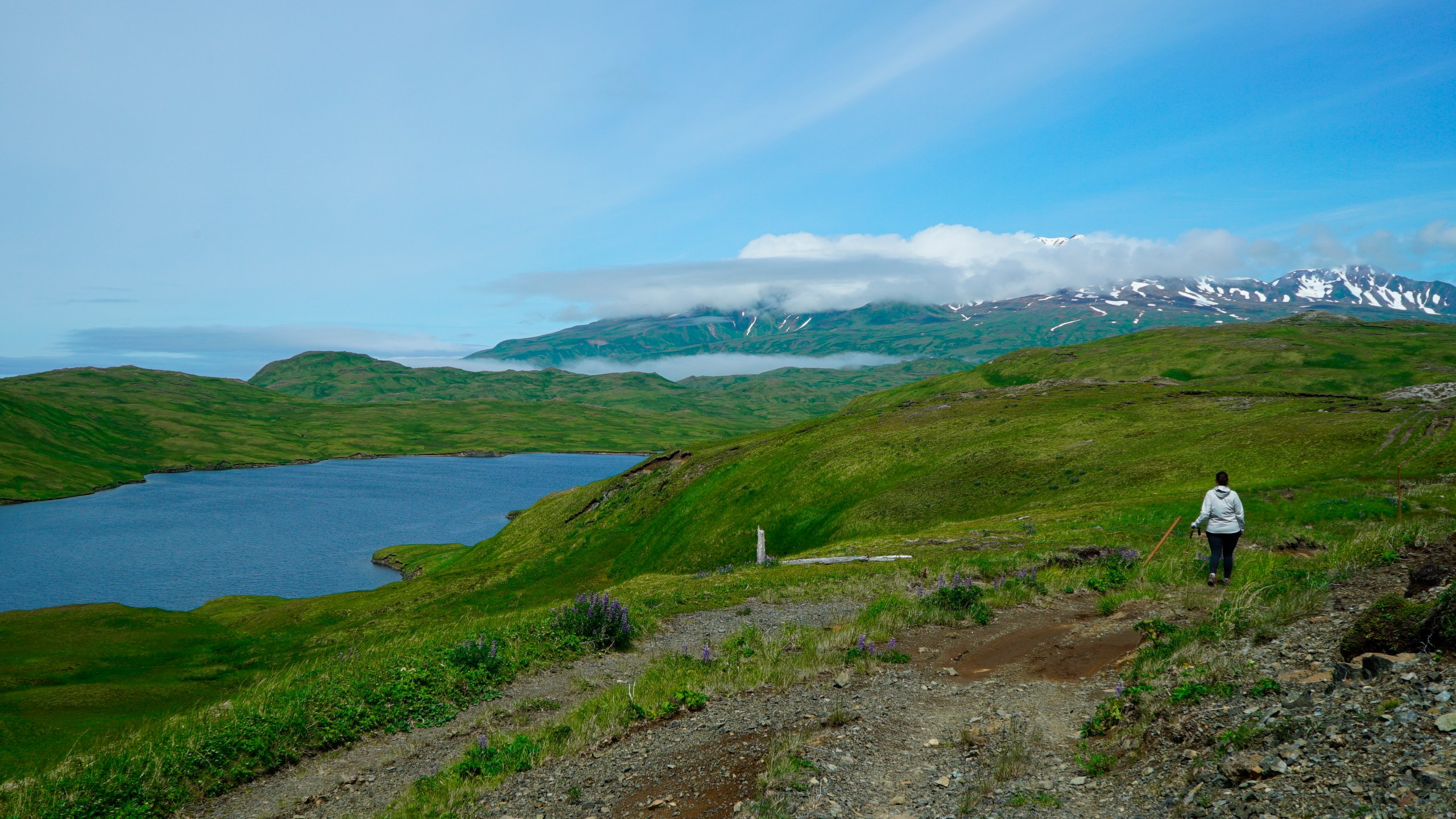 FILE - A hiker en route to Lake Bonnie Rose, one of many scenic hiking options on Adak Island, Alaska, July 8, 2021. (Nicole Evatt via AP, File)