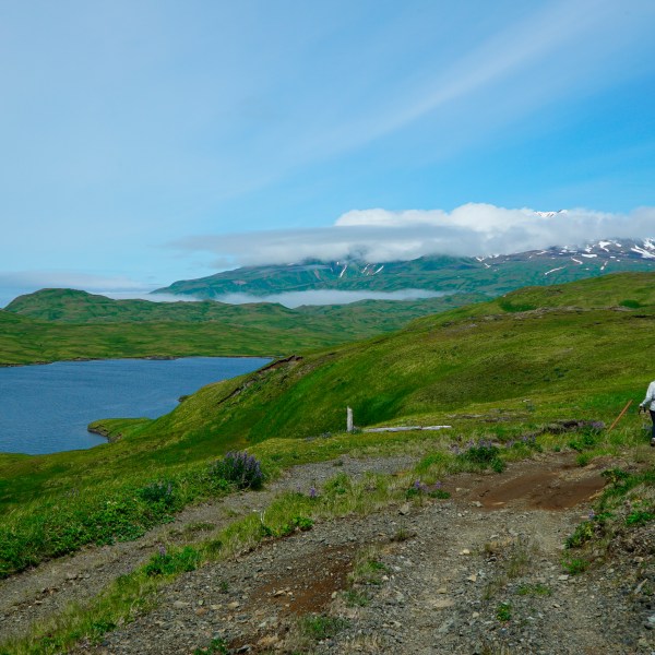 FILE - A hiker en route to Lake Bonnie Rose, one of many scenic hiking options on Adak Island, Alaska, July 8, 2021. (Nicole Evatt via AP, File)