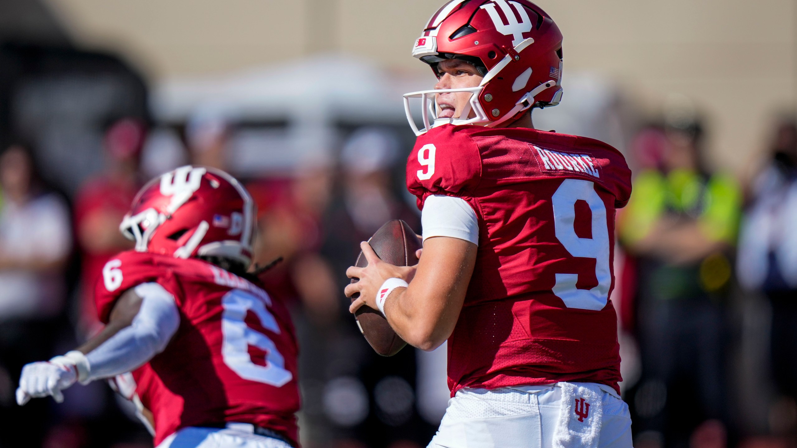 Indiana quarterback Kurtis Rourke (9) looks to pass against Nebraska during the first half of an NCAA college football game in Bloomington, Ind., Saturday, Oct. 19, 2024. (AP Photo/AJ Mast)