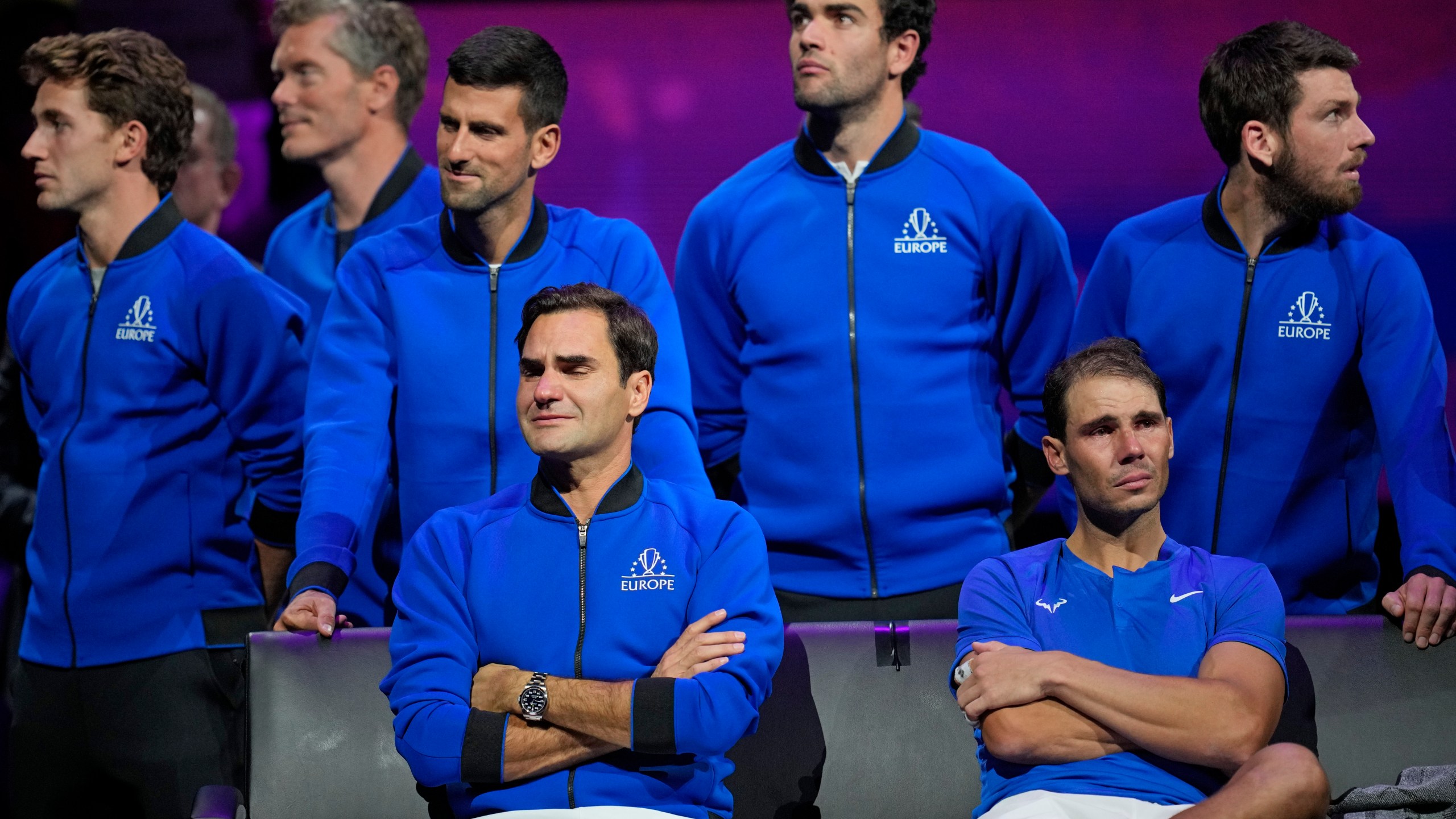 FILE - An emotional Roger Federer, left, of Team Europe sits alongside his playing partner Rafael Nadal after their Laver Cup doubles match against Team World's Jack Sock and Frances Tiafoe at the O2 arena in London, Friday, Sept. 23, 2022. (AP Photo/Kin Cheung, File)