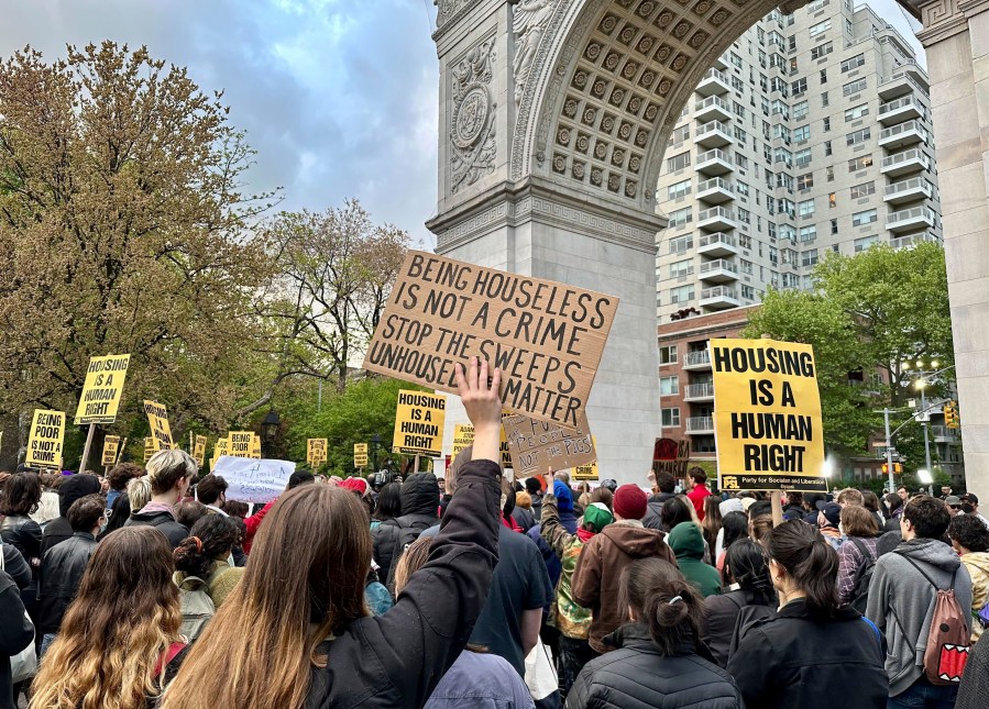 FILE - A group of several hundred people protest the death of Jordan Neely, May 5, 2023, at Washington Square Park in New York. (AP Photo/Brooke Lansdale, File)