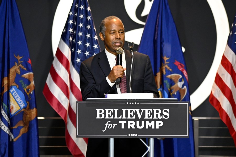 Ben Carson addresses supporters of Republican presidential nominee former President Donald Trump, Saturday, Oct. 5, 2024, in Livonia, Mich. (AP Photo/Jose Juarez)