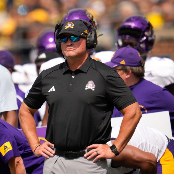 FILE - East Carolina head coach Mike Houston watches against Michigan in the second half of an NCAA college football game in Ann Arbor, Mich., Saturday, Sept. 2, 2023. (AP Photo/Paul Sancya, File)