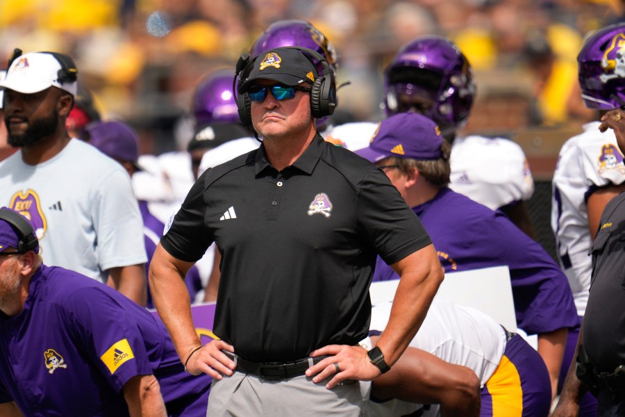 FILE - East Carolina head coach Mike Houston watches against Michigan in the second half of an NCAA college football game in Ann Arbor, Mich., Saturday, Sept. 2, 2023. (AP Photo/Paul Sancya, File)