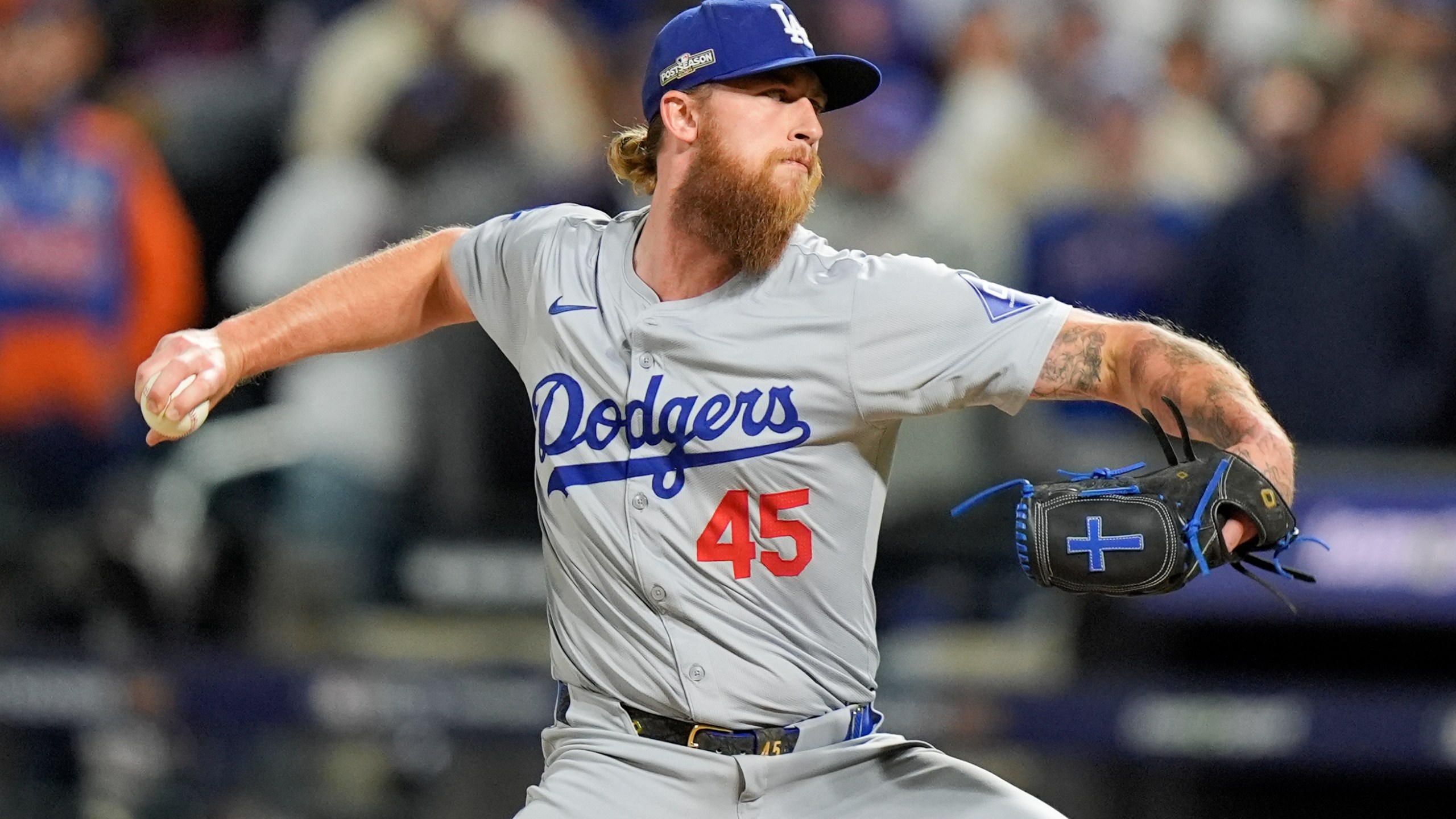 Los Angeles Dodgers pitcher Michael Kopech throws against the New York Mets during the fifth inning in Game 3 of a baseball NL Championship Series, Wednesday, Oct. 16, 2024, in New York. (AP Photo/Frank Franklin II)