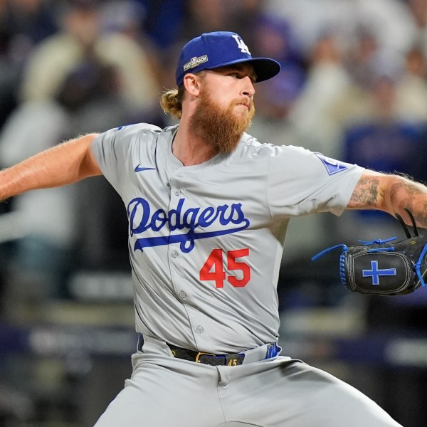 Los Angeles Dodgers pitcher Michael Kopech throws against the New York Mets during the fifth inning in Game 3 of a baseball NL Championship Series, Wednesday, Oct. 16, 2024, in New York. (AP Photo/Frank Franklin II)