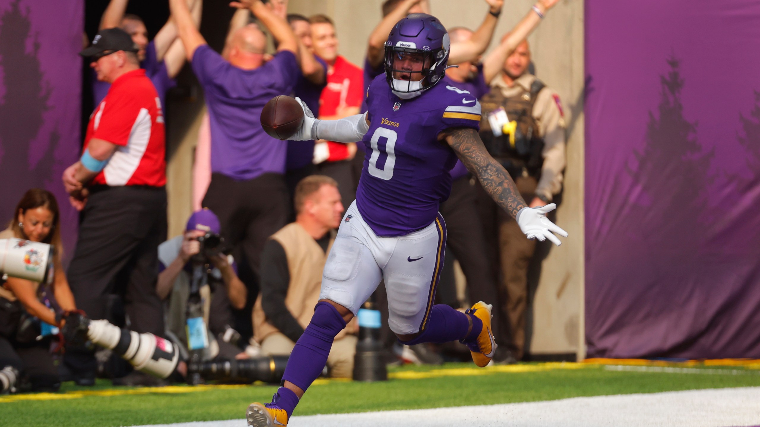 Minnesota Vikings linebacker Ivan Pace Jr. (0) scores on a 36-yard fumble recovery against the Detroit Lions during the second half of an NFL football game Sunday, Oct. 20, 2024, in Minneapolis. (AP Photo/Bruce Kluckhohn)