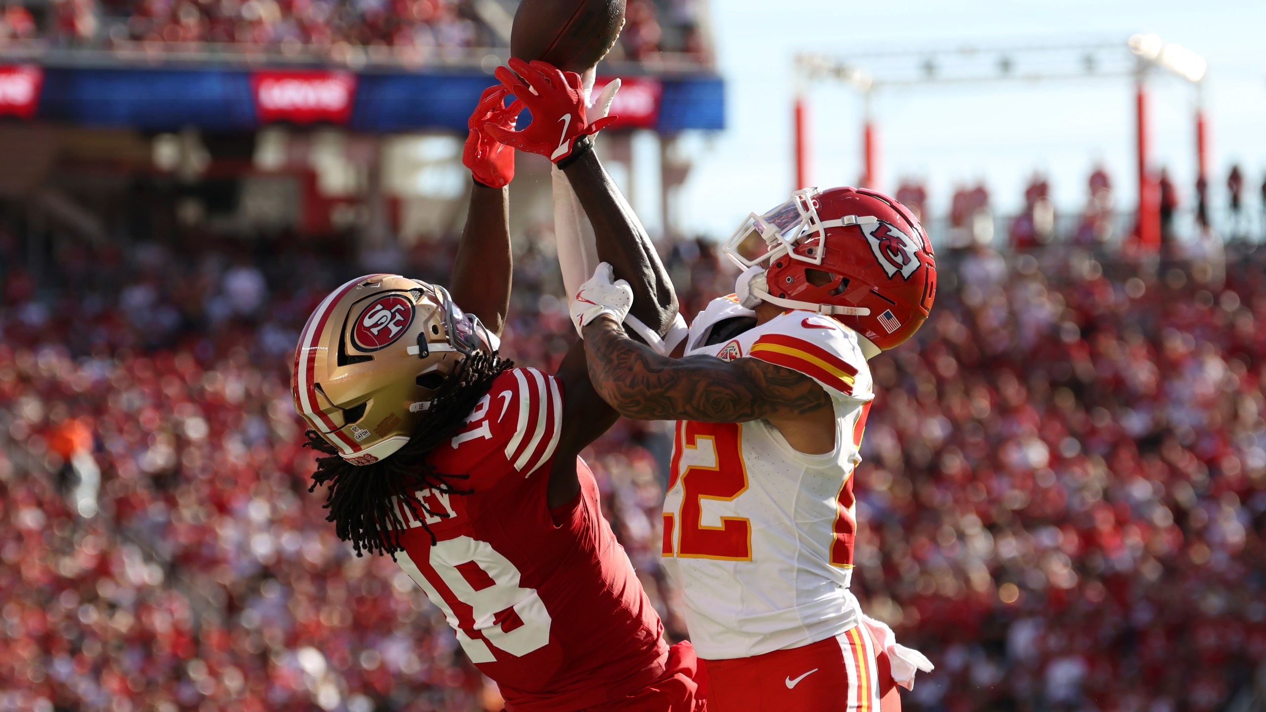 San Francisco 49ers wide receiver Chris Conley (18) cannot catch a pass while being defended by Kansas City Chiefs cornerback Trent McDuffie during the second half of an NFL football game in Santa Clara, Calif., Sunday, Oct. 20, 2024. (AP Photo/Jed Jacobsohn)