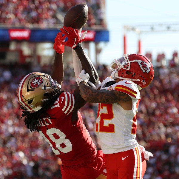 San Francisco 49ers wide receiver Chris Conley (18) cannot catch a pass while being defended by Kansas City Chiefs cornerback Trent McDuffie during the second half of an NFL football game in Santa Clara, Calif., Sunday, Oct. 20, 2024. (AP Photo/Jed Jacobsohn)