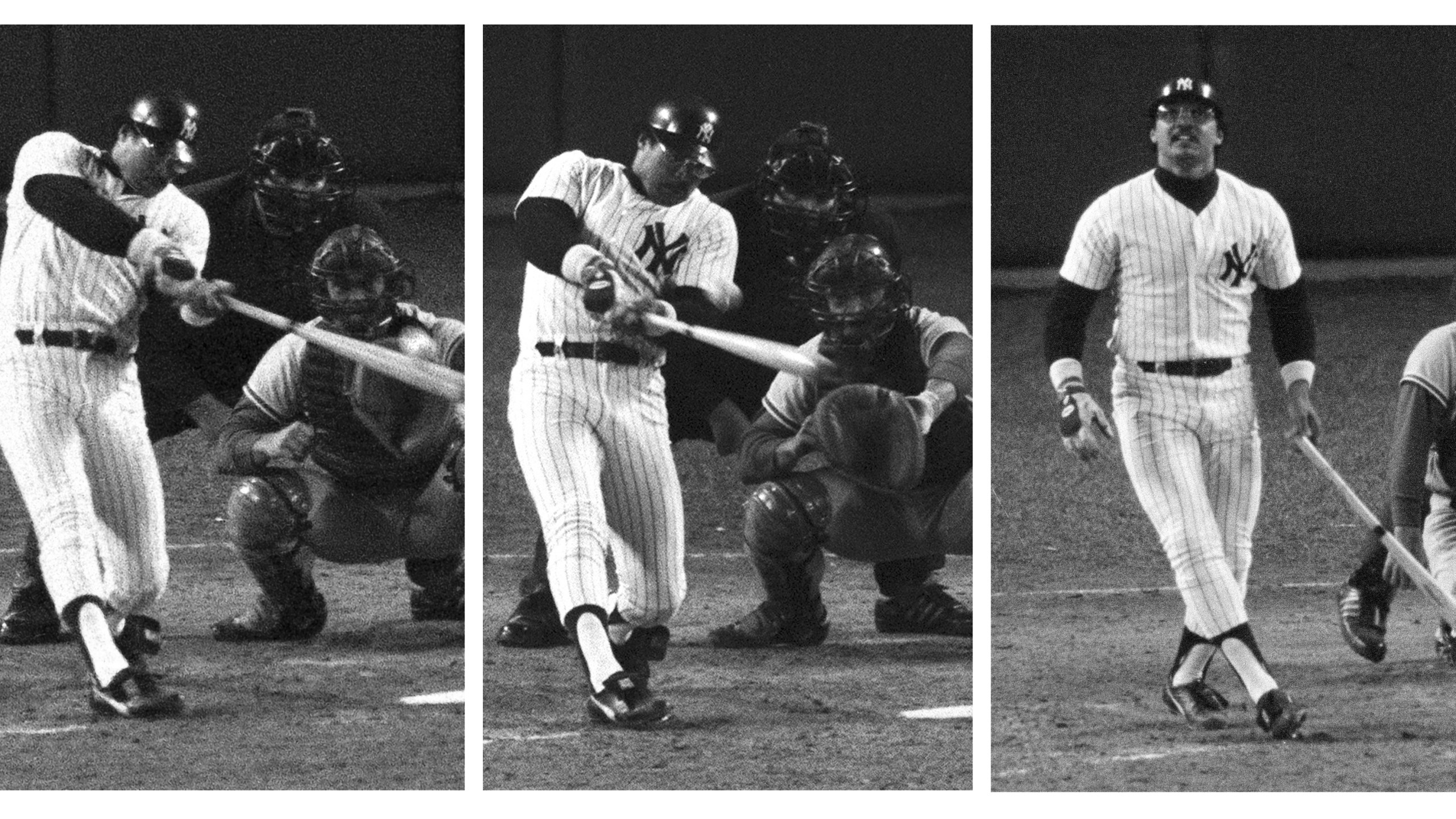 FILE - In this combo image, New York Yankees slugger Reggie Jackson hits home runs on three consecutive pitches from three different Los Angeles Dodgers pitchers in Game 6 of the World Series, Oct. 18, 1977. Here, from left, Jackson goes deep off Burt Hooton in the fourth inning. Then, he takes Elias Sosa out of the park in the fifth. And finally, he admires his eighth inning homer off Charlie Hough. (AP Photos/Ray Stubblebine, File)