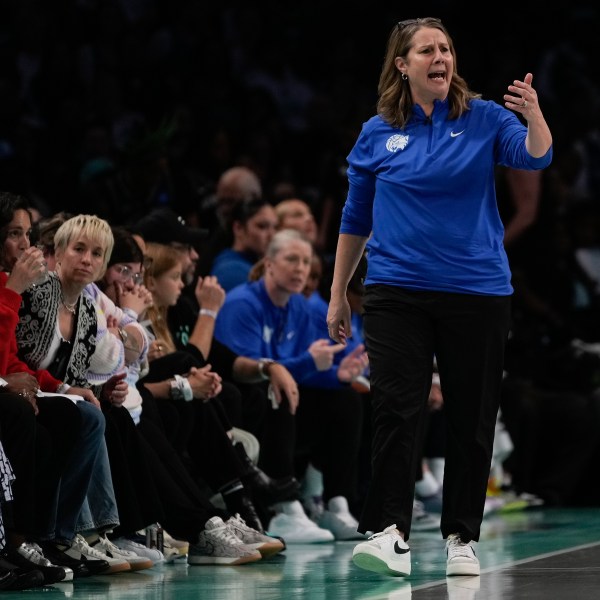 Minnesota Lynx head coach Cheryl Reeve reacts during the third quarter of Game 5 of the WNBA basketball final series against the New York Liberty, Sunday, Oct. 20, 2024, in New York. (AP Photo/Pamela Smith)