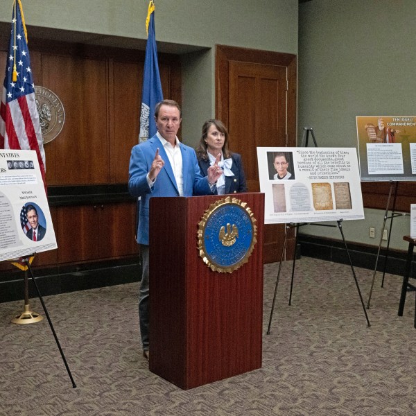 FILE - Louisiana Gov. Jeff Landry speaks alongside Louisiana Attorney General Liz Murrill during a press conference regarding the Ten Commandments in schools, Aug. 5, 2024, in Baton Rouge, La. (Hilary Scheinuk/The Advocate via AP, File)