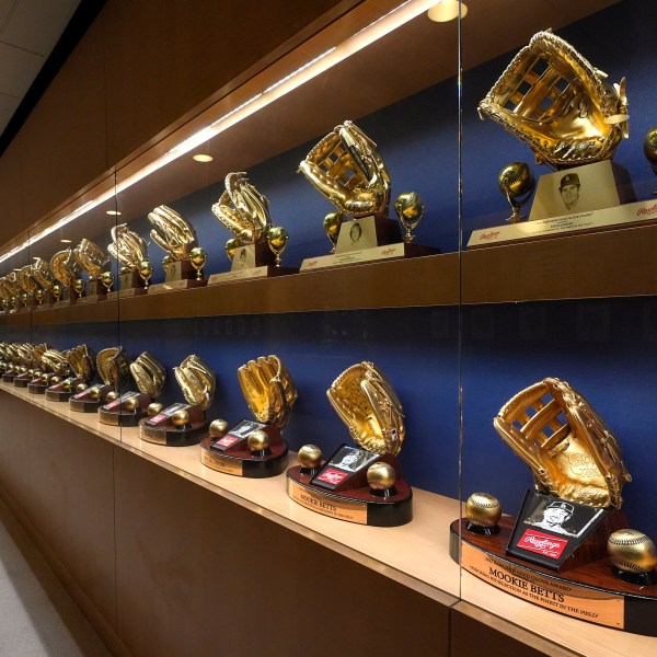 Los Angeles Dodgers memorabilia is seen near the Dodgers clubhouse, Saturday, Oct. 19, 2024, in Los Angeles. (AP Photo/Mark J. Terrill)