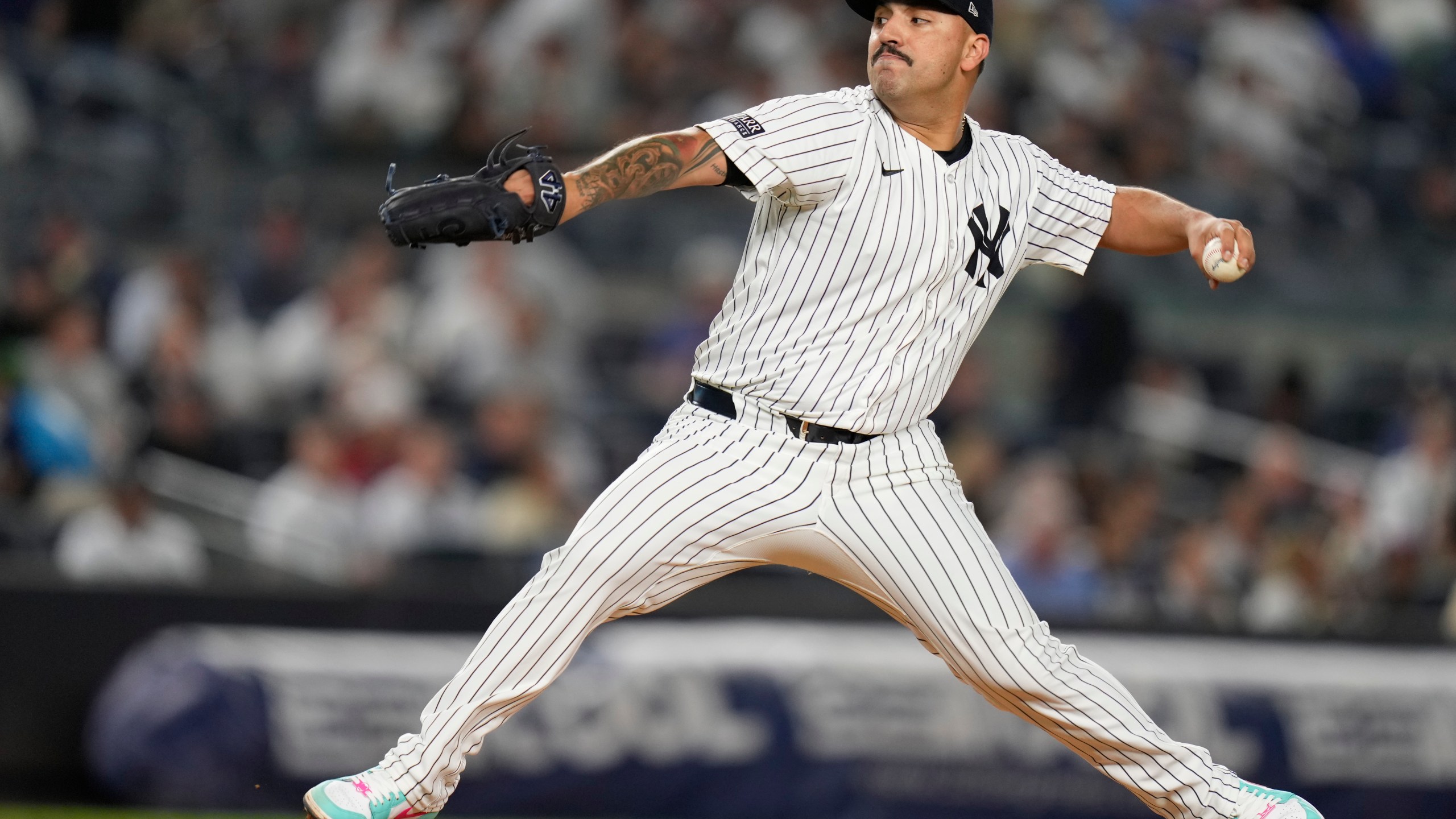 FILE - New York Yankees pitcher Nestor Cortes throws during the fourth inning of a baseball game against the Boston Red Sox at Yankee Stadium Thursday, Sept. 12, 2024, in New York. (AP Photo/Seth Wenig, File)