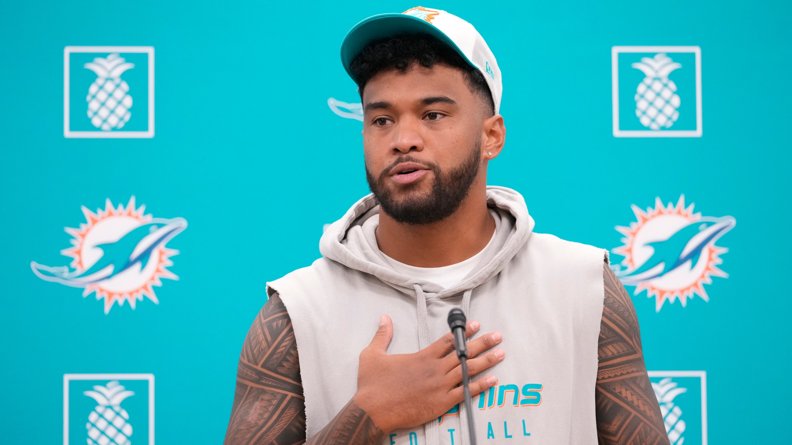 Miami Dolphins quarterback Tua Tagovailoa speaks during an NFL football news conference, Monday, Oct. 21, 2024, at the Dolphins training facility in Miami Gardens, Fla. (AP Photo/Wilfredo Lee)