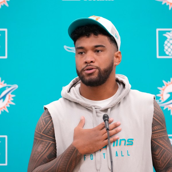 Miami Dolphins quarterback Tua Tagovailoa speaks during an NFL football news conference, Monday, Oct. 21, 2024, at the Dolphins training facility in Miami Gardens, Fla. (AP Photo/Wilfredo Lee)