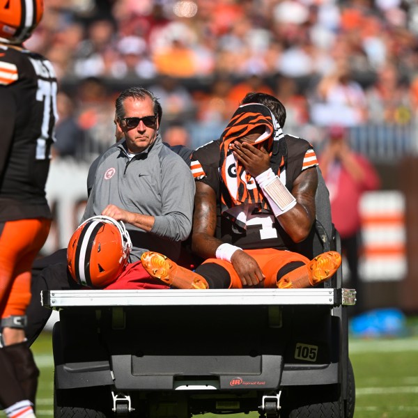 Cleveland Browns quarterback Deshaun Watson (4) is carted off the field after being injured in the first half of an NFL football game against the Cincinnati Bengals, Sunday, Oct. 20, 2024, in Cleveland. (AP Photo/David Richard)