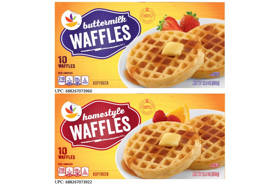 This image provided by TreeHouse Foods, Inc., shows the packaging of two styles of waffles, among hundreds of brands of frozen waffles, that are part of a voluntary recall because the products could be contaminated with dangerous listeria bacteria, the manufacturer, TreeHouse Foods, Inc.,, said Tuesday. (TreeHouse Foods, Inc. via AP)