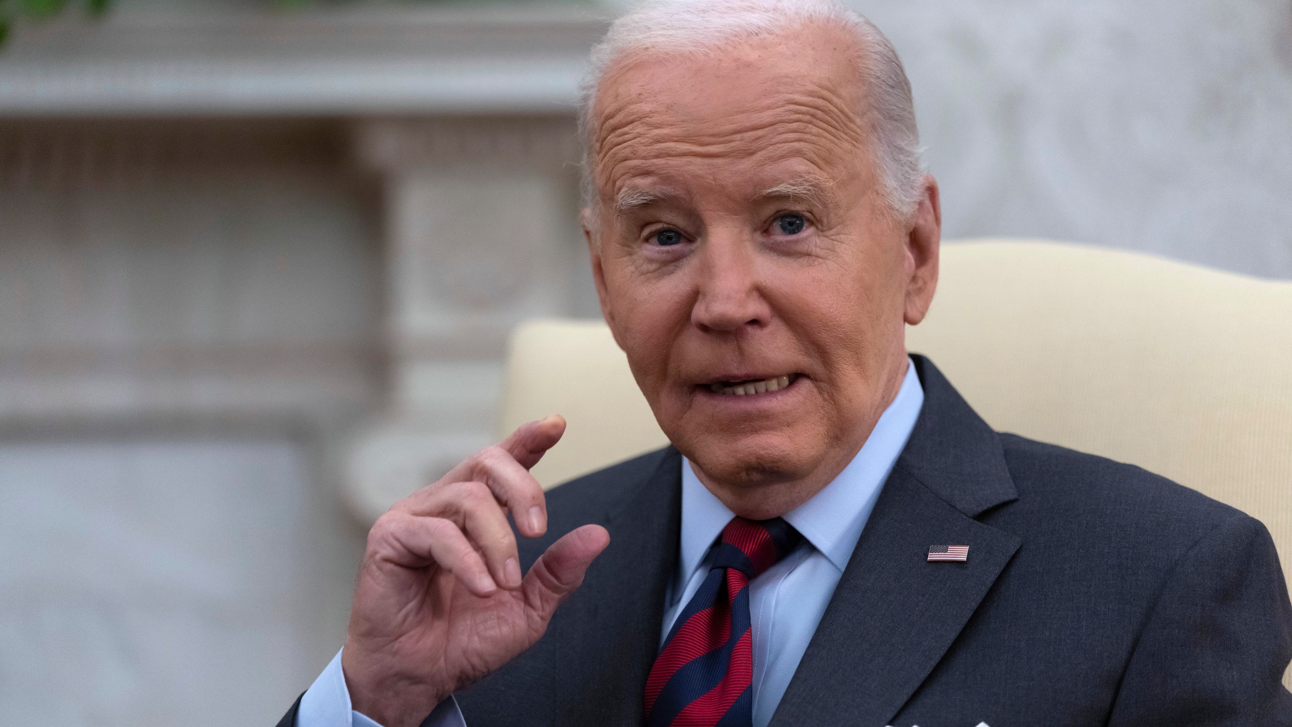 President Joe Biden speaks during a meeting with Slovenia's Prime Minister Robert Golob in the Oval Office of the White House in Washington, Tuesday, Oct. 22, 2024. (AP Photo/Ben Curtis)