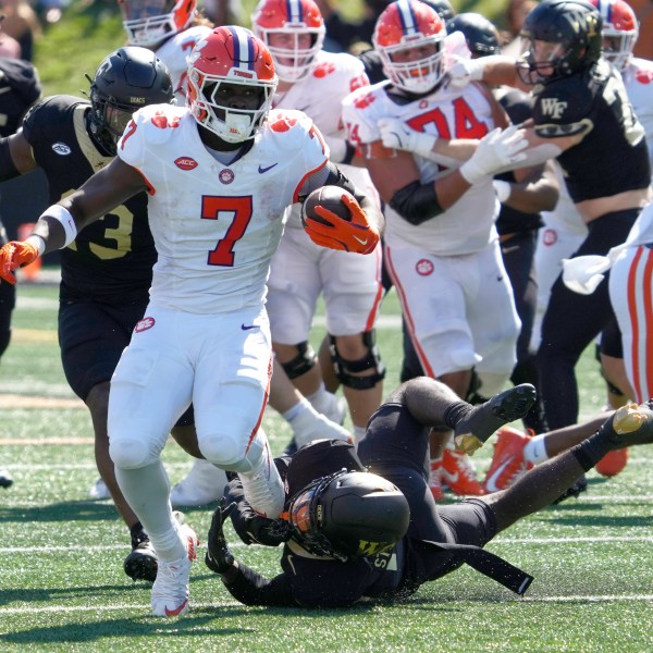 Clemson running back Phil Mafah (7) runs against Wake Forest during the first half of an NCAA football game in Greensboro, N.C., Saturday, Oct. 12, 2024. (AP Photo/Chuck Burton)