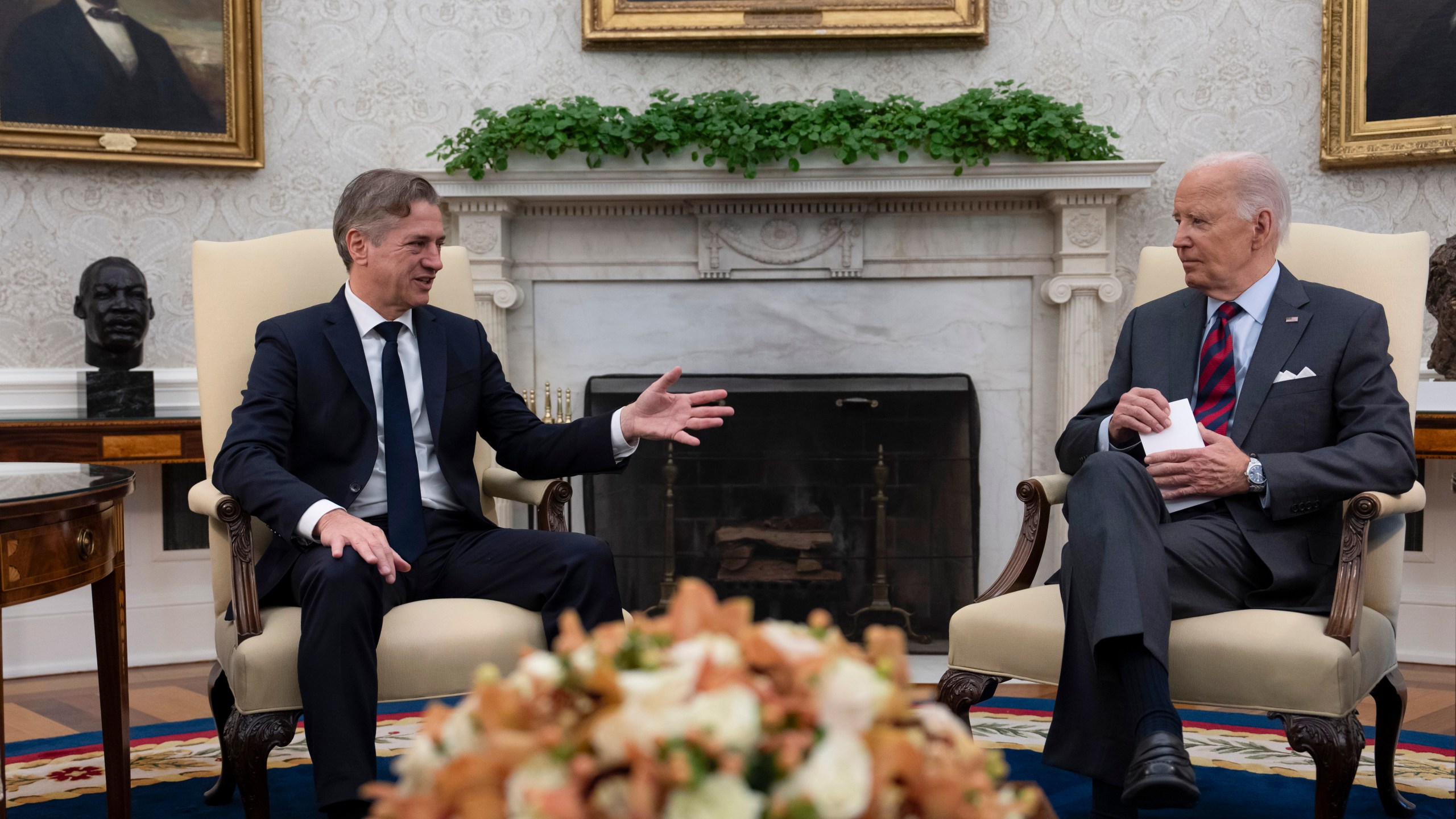 President Joe Biden meets with Slovenia's Prime Minister Robert Golob, left, in the Oval Office of the White House in Washington, Tuesday, Oct. 22, 2024. (AP Photo/Ben Curtis)