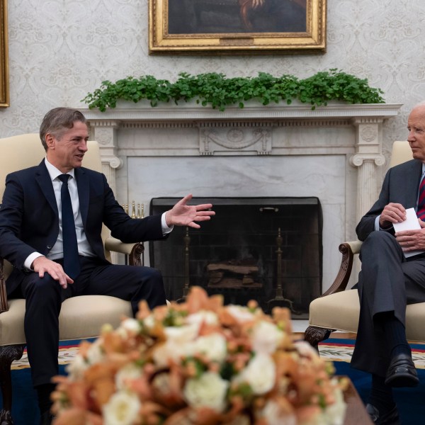 President Joe Biden meets with Slovenia's Prime Minister Robert Golob, left, in the Oval Office of the White House in Washington, Tuesday, Oct. 22, 2024. (AP Photo/Ben Curtis)