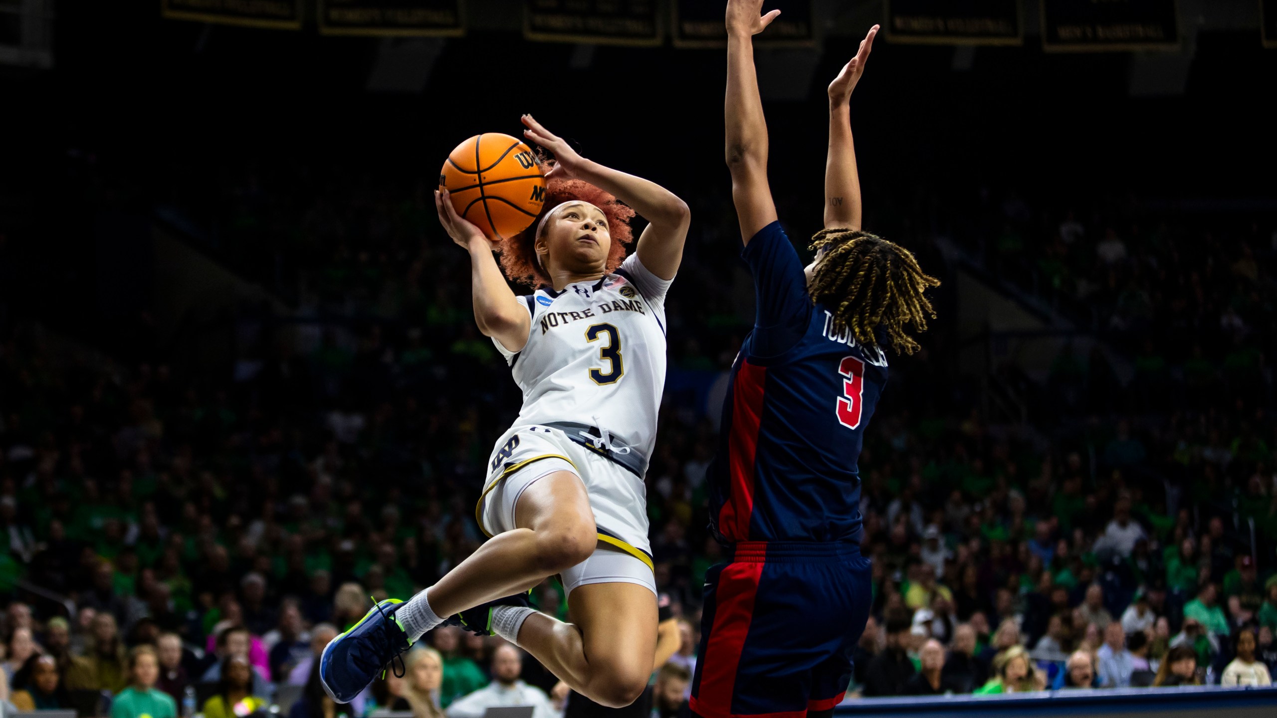 FILE - Notre Dame guard Hannah Hidalgo, left, drives against Mississippi guard Kennedy Todd-Williams during the second half of a second-round college basketball game in the NCAA Tournament Monday, March 25, 2024, in South Bend, Ind. (AP Photo/Michael Caterina, File)