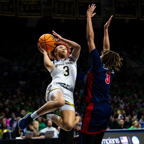 FILE - Notre Dame guard Hannah Hidalgo, left, drives against Mississippi guard Kennedy Todd-Williams during the second half of a second-round college basketball game in the NCAA Tournament Monday, March 25, 2024, in South Bend, Ind. (AP Photo/Michael Caterina, File)