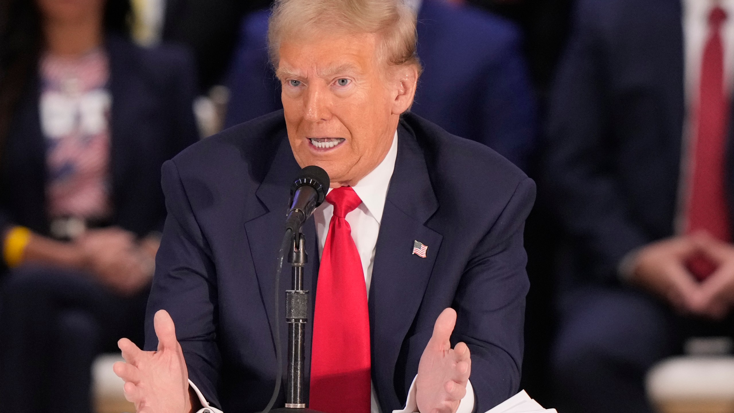 Republican presidential nominee former President Donald Trump participates in a roundtable with Latino leaders Tuesday, Oct. 22, 2024, in Doral, Fla. (AP Photo/Lynne Sladky)